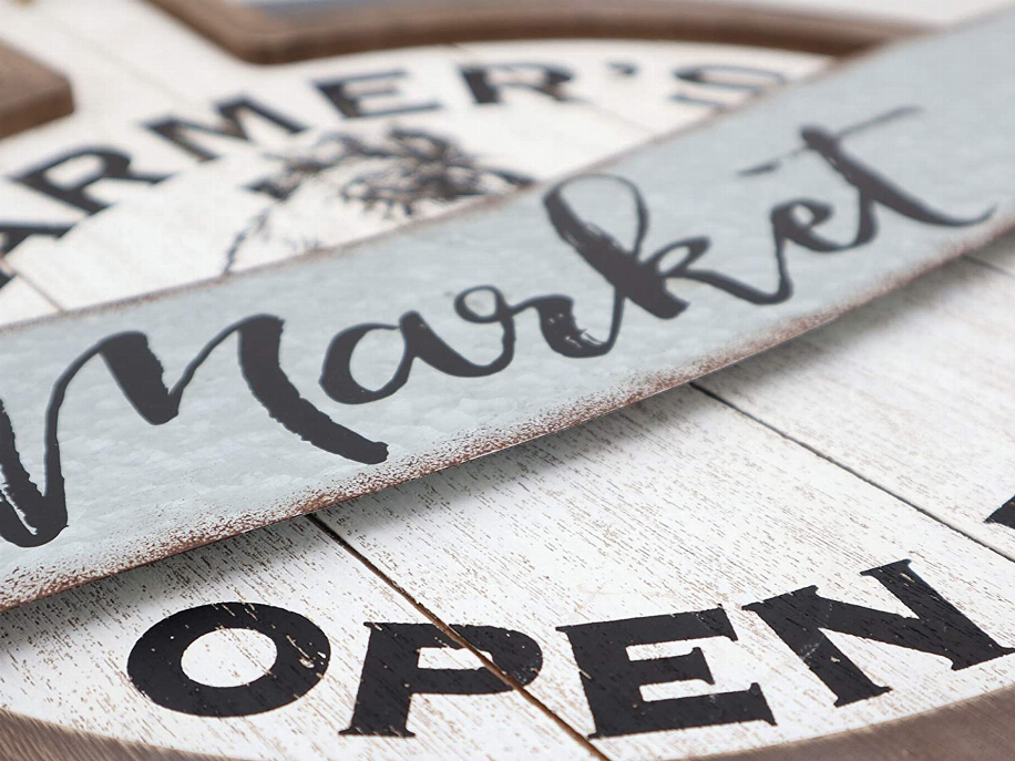Farmer's Market Open Daily Wood and Metal Circular Signs|Rustic Farmhouse Kitchen Wood Sign Plaque Wall Hanging Decor 17.75x0.5x