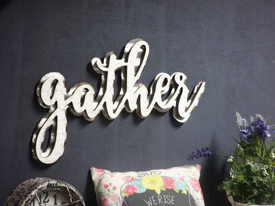 Farmhouse Rustic Cutout Gather Word Wall Decor-Corrugated Galvanized Metal Distressed White Wood Gather Wall Hanging Sign- 15.5"