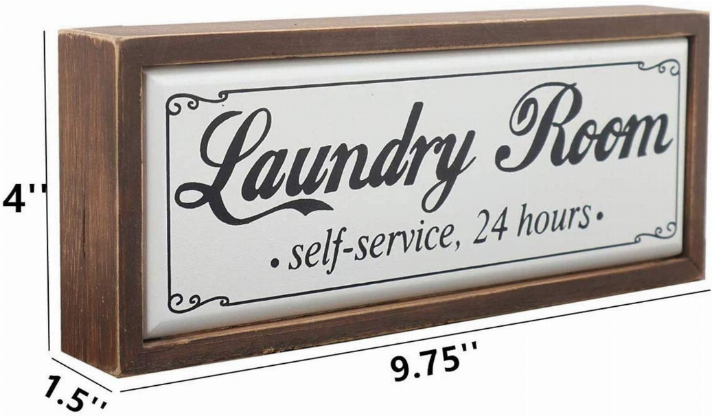 Small Laundry Room Self-Service 24 Hours Wood Block Sign- Farmhouse Rustic Wood Tabletop Decor for Laundry Room- Freestanding La