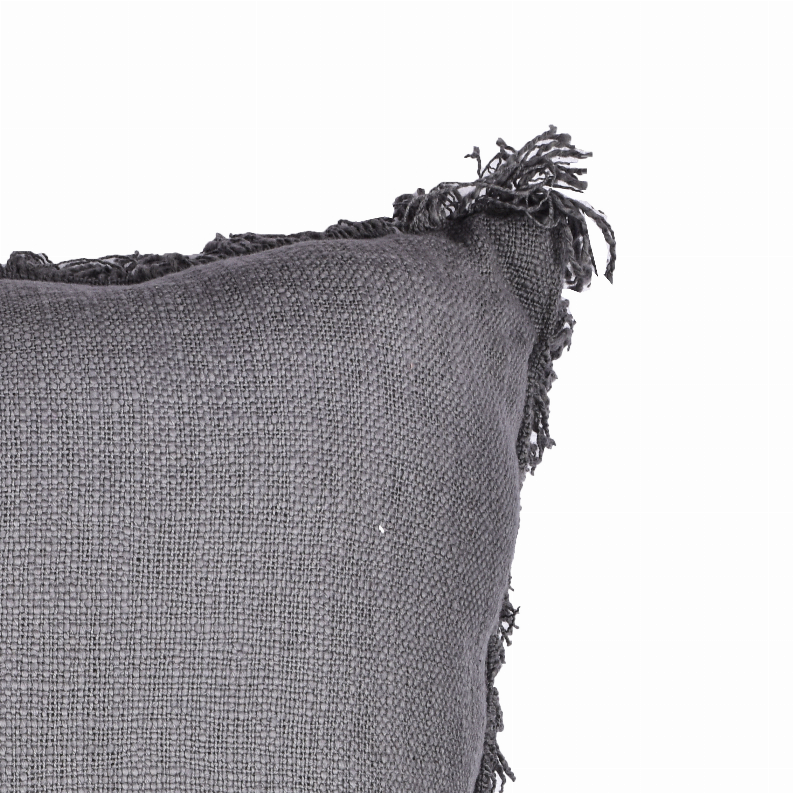 100% Cotton Accent Square Plain Pillow Cover & Insert With Fringes (Grey / 20"X20")