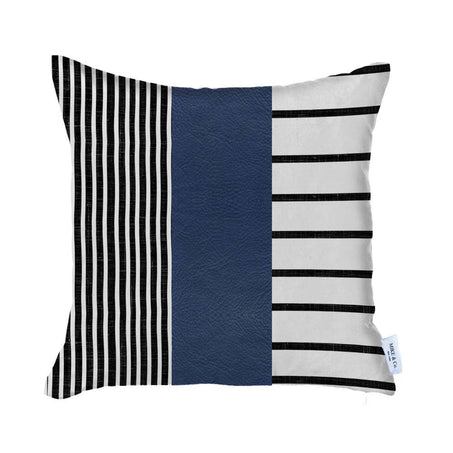 Bohemian Striped Vegan Faux Leather Throw Pillow Covers 20x20 Navy Blue