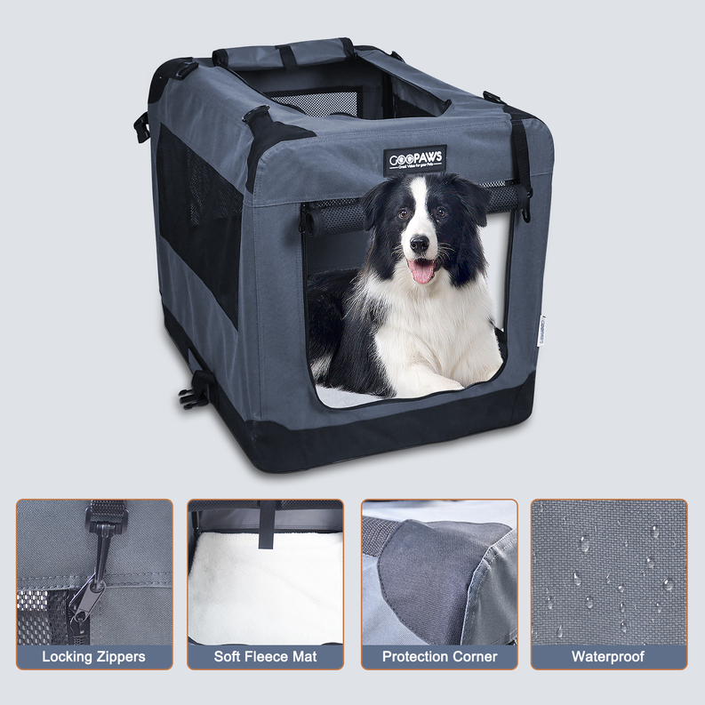 JESPET Soft Pet Crates Kennel, 3 Door Soft Sided Folding Travel Pet Carrier with Straps and Fleece Mat for Dogs, Cats, Rabbits, 