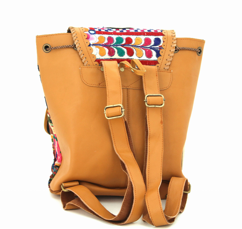 Tan Leather and Vintage Fabric Backpack