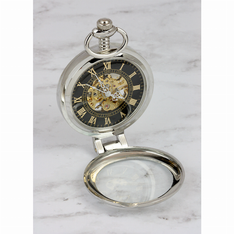 Gold-Layered Silver Barber Half Dollar Coin Pocket Watch with Skeleton
