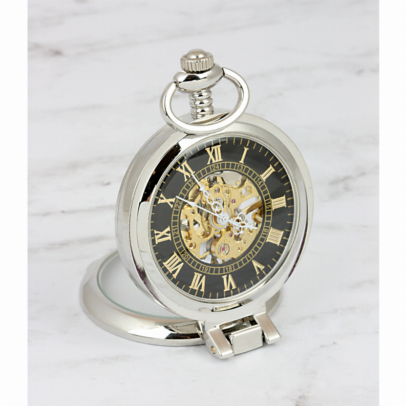 Gold-Layered Silver Barber Half Dollar Coin Pocket Watch with Skeleton