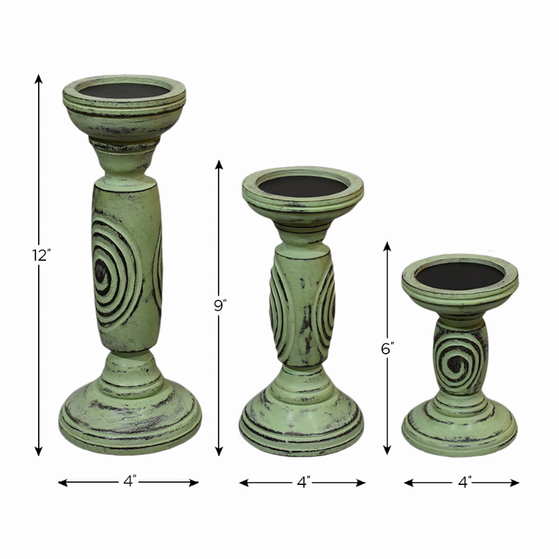 Handmade Wood Eco-friendly Traditional Antique Sage Set Of Three Pillar Candle Holder