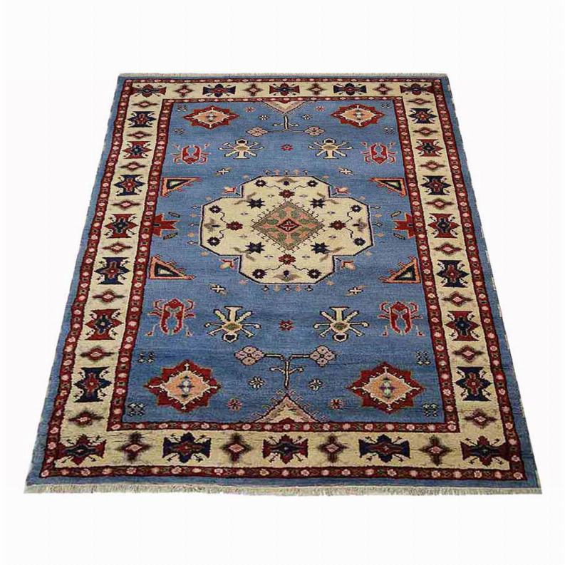 Rugsotic Carpets Hand Knotted Afghan Wool And Silk  Area Rug Oriental Kazak 8'x10' Blue White