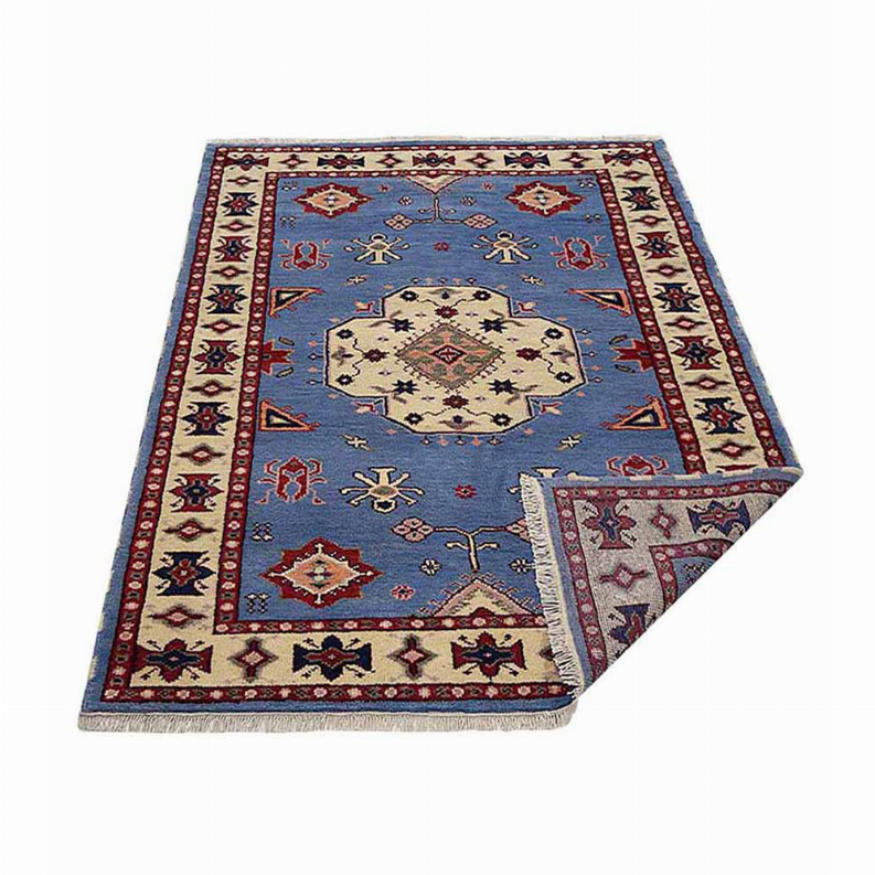 Rugsotic Carpets Hand Knotted Afghan Wool And Silk  Area Rug Oriental Kazak 8'x10' Blue White