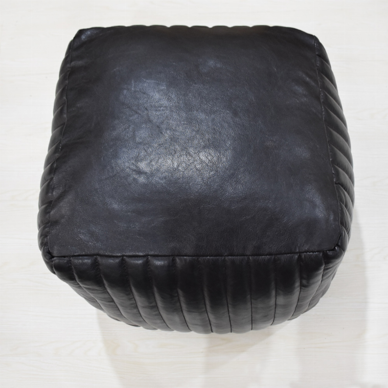 Solid Handmade Goat Leather Square Pouf (Recycled Cotton Fill) - 14x14x14 Black1