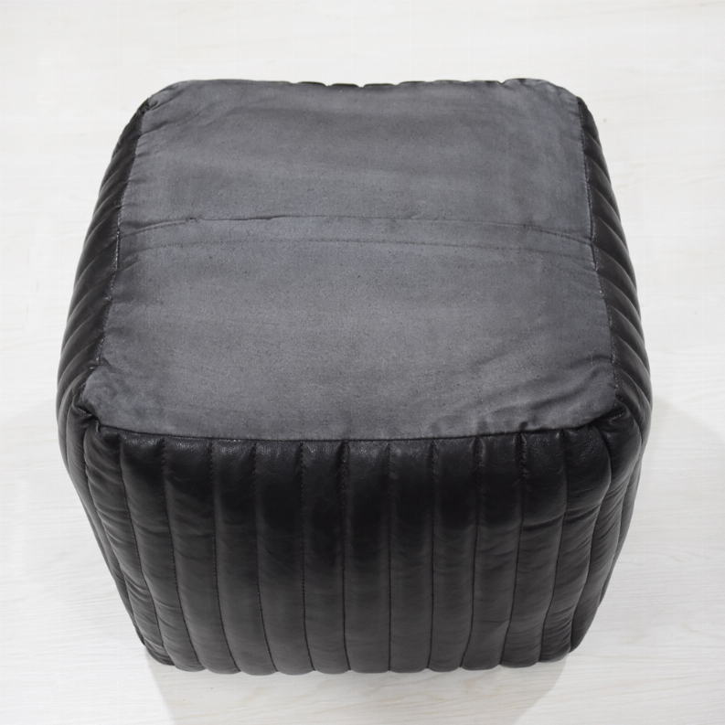 Solid Handmade Goat Leather Square Pouf (Recycled Cotton Fill) - 14x14x14 Black1