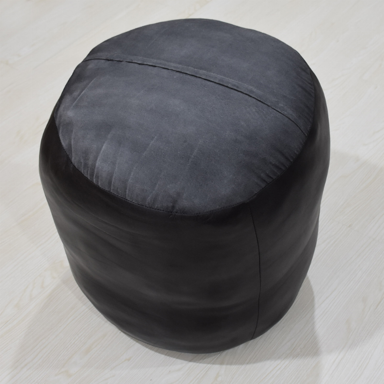 Solid Handmade Goat Leather Round Pouf (Recycled Cotton Fill) - 18x18x18 Black