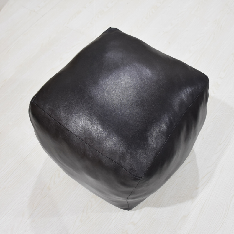 Solid Handmade Goat Leather Square Pouf (Recycled Cotton Fill) - 14x14x14 Black2