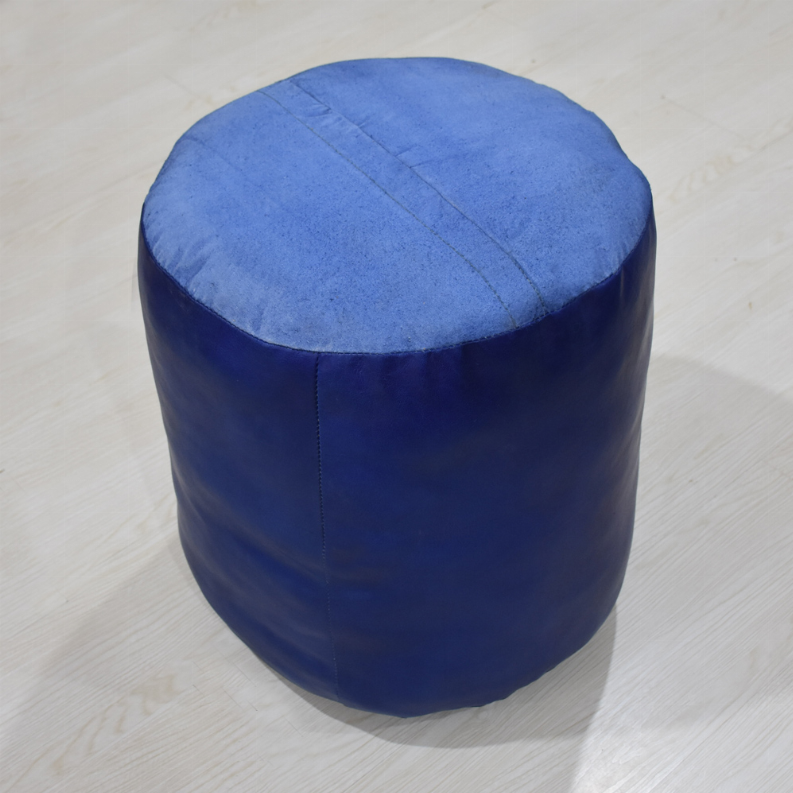 Solid Handmade Goat Leather Round Pouf (Recycled Cotton Fill) - 18x18x18 Blue