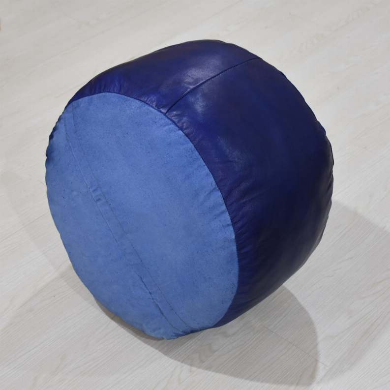 Solid Handmade Goat Leather Round Pouf (Recycled Cotton Fill) - 21x21x12 Blue
