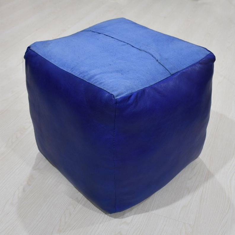 Solid Handmade Goat Leather Square Pouf (Recycled Cotton Fill) - 18x18x18 Blue1