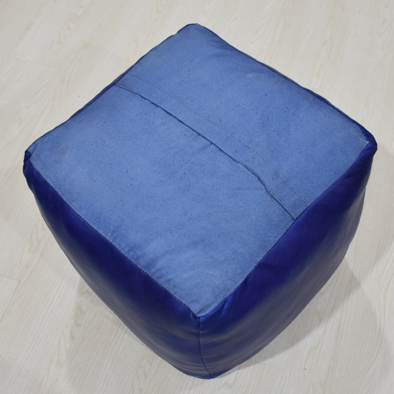 Solid Handmade Goat Leather Square Pouf (Recycled Cotton Fill) - 14x14x14 Blue1