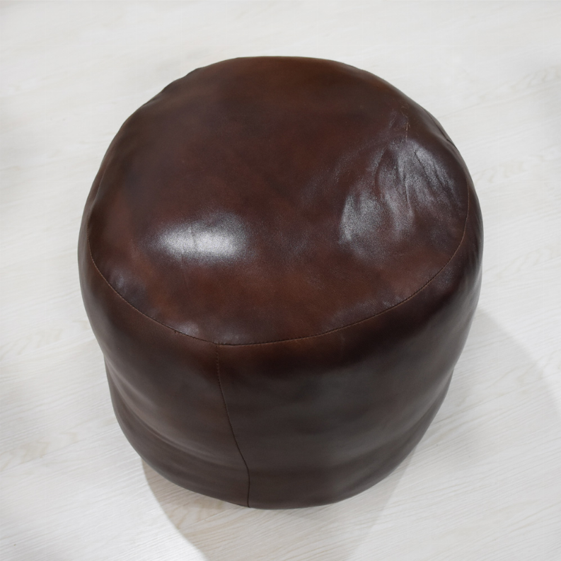 Solid Handmade Goat Leather Round Pouf (Recycled Cotton Fill) - 18x18x18 Brown1