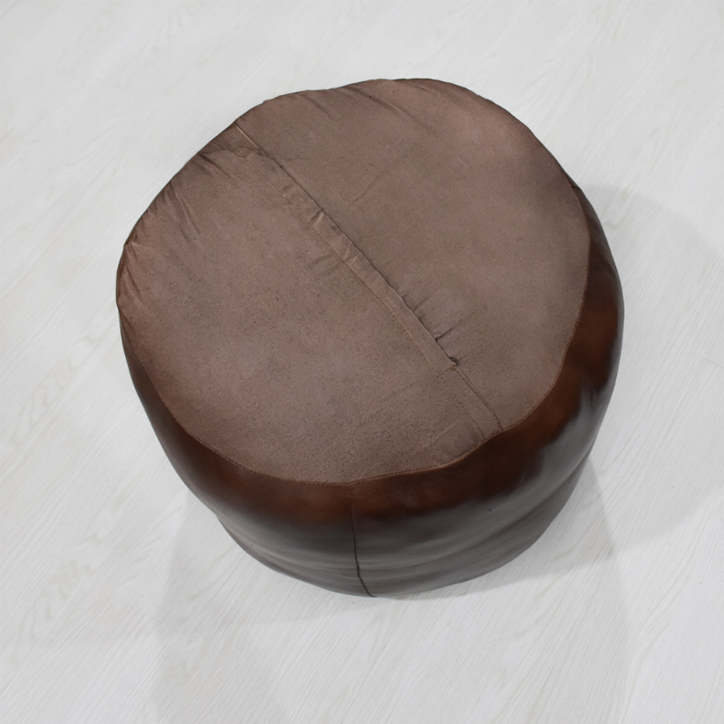 Solid Handmade Goat Leather Round Pouf (Recycled Cotton Fill) - 18x18x18 Brown1