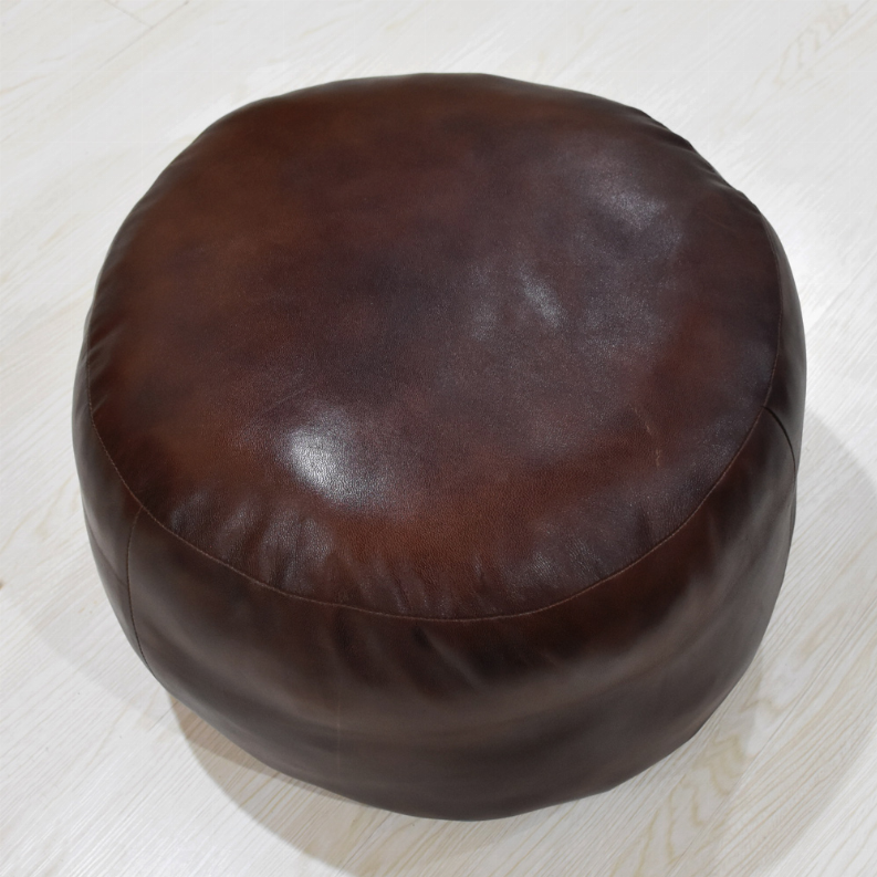 Solid Handmade Goat Leather Round Pouf (Recycled Cotton Fill) - 14x14x14 Brown1