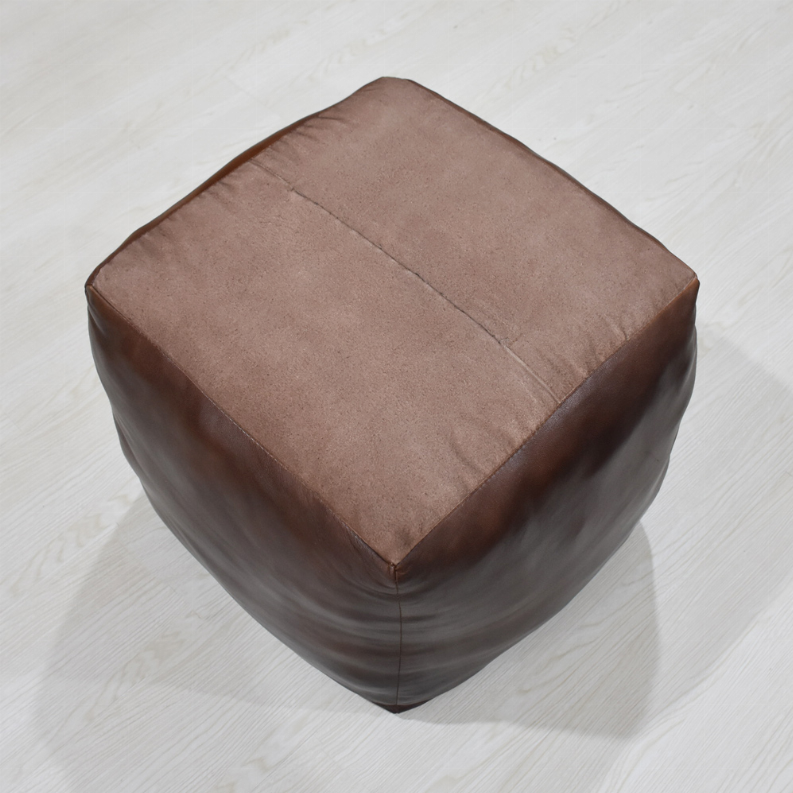 Solid Handmade Goat Leather Square Pouf (Recycled Cotton Fill) - 14x14x14 Brown1