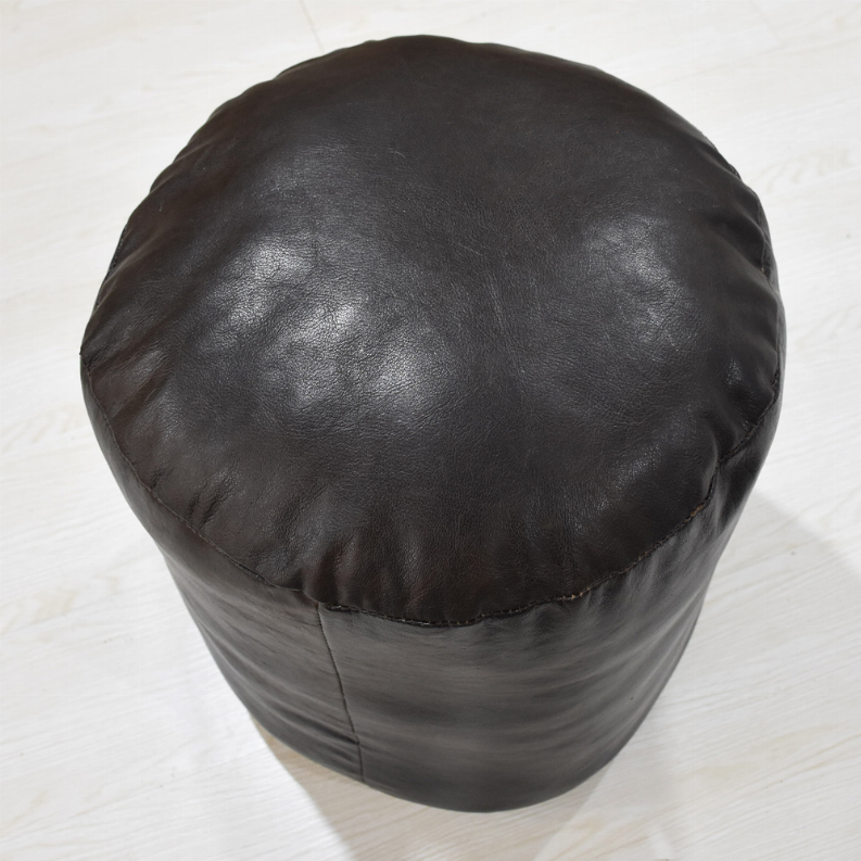 Solid Handmade Goat Leather Round Pouf (Recycled Cotton Fill) - 18x18x18 Brown2