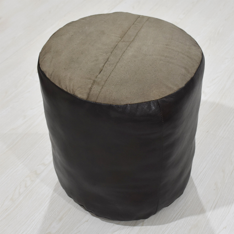 Solid Handmade Goat Leather Round Pouf (Recycled Cotton Fill) - 18x18x18 Brown2