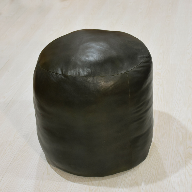 Solid Handmade Goat Leather Round Pouf (Recycled Cotton Fill) - 18x18x18 Green