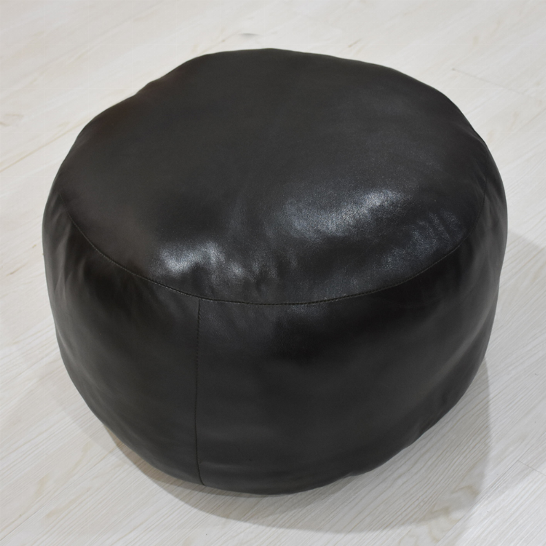Solid Handmade Goat Leather Round Pouf (Recycled Cotton Fill) - 21x21x12 Green