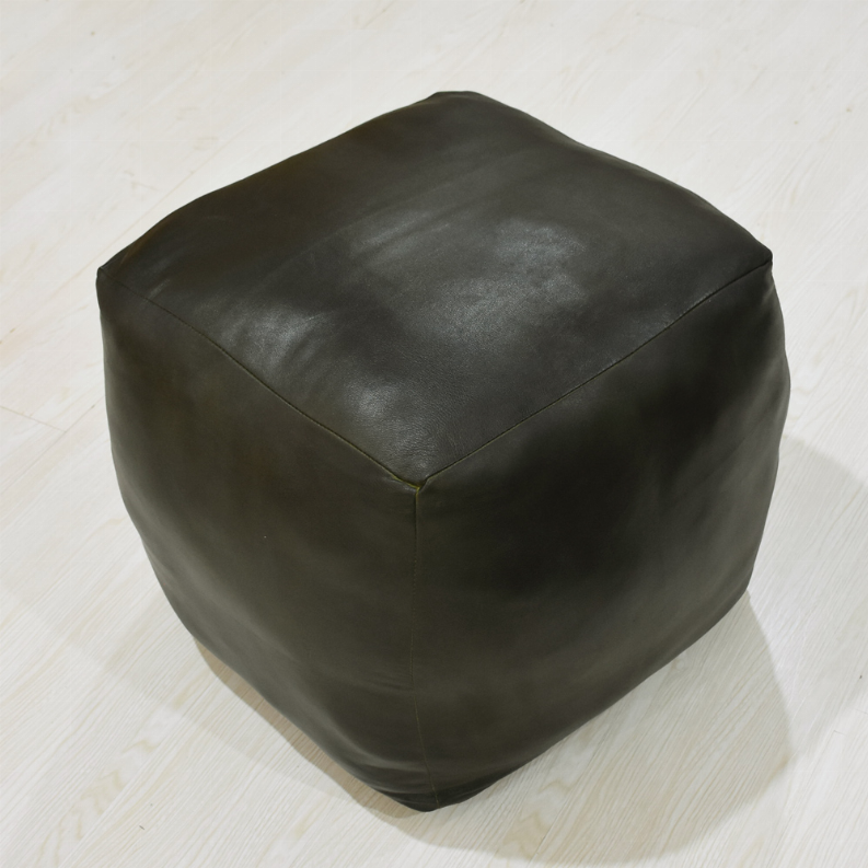 Solid Handmade Goat Leather Square Pouf (Recycled Cotton Fill) - 18x18x18 Green