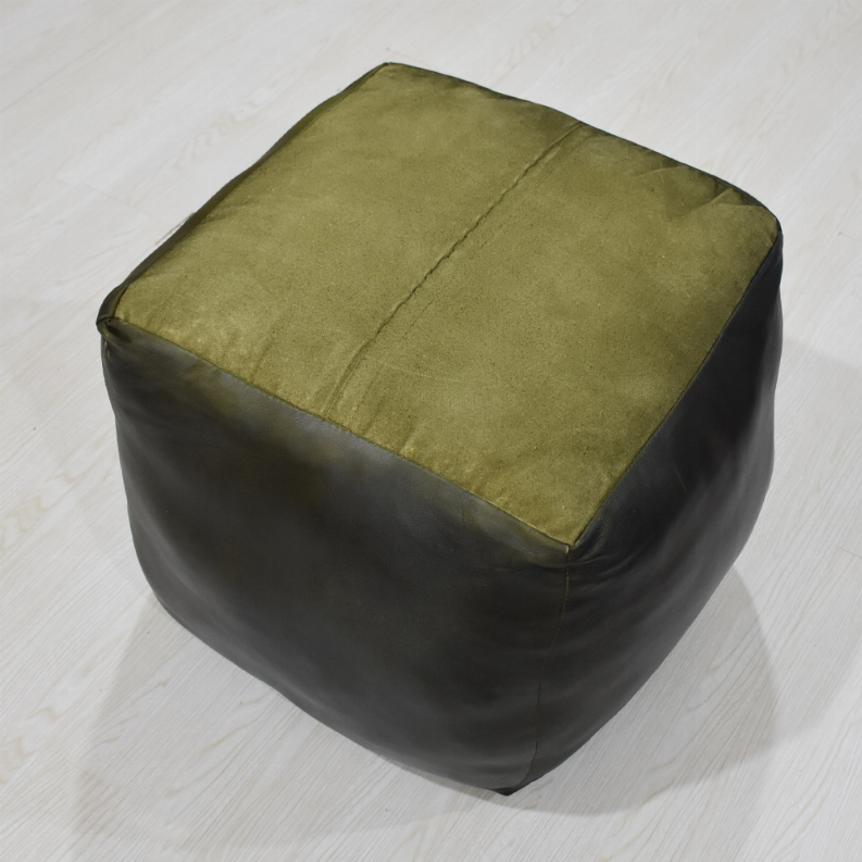 Solid Handmade Goat Leather Square Pouf (Recycled Cotton Fill) - 18x18x18 Green