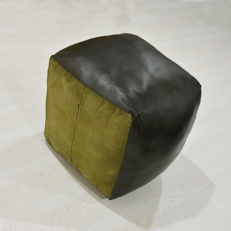 Solid Handmade Goat Leather Square Pouf (Recycled Cotton Fill) - 14x14x14 Green
