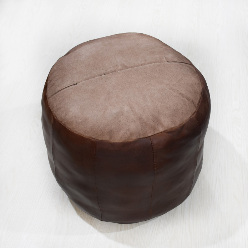 Solid Handmade Goat Leather Round Pouf (Recycled Cotton Fill) - 18x18x18 Brown3