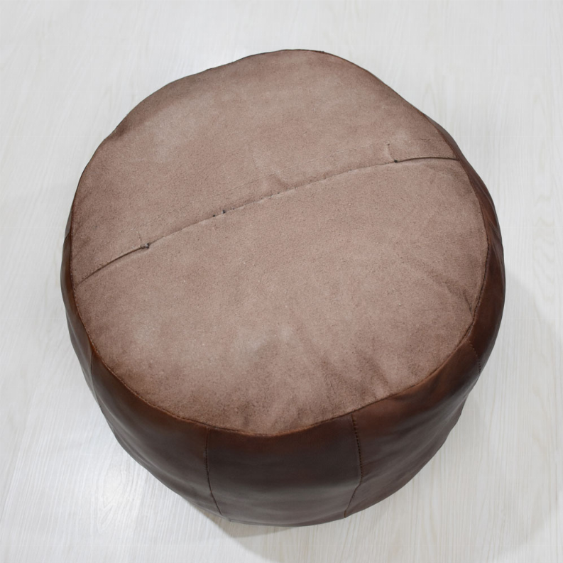 Solid Handmade Goat Leather Round Pouf (Recycled Cotton Fill) - 18x18x18 Brown3