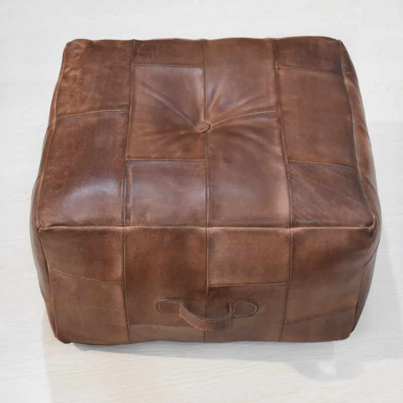 Solid Handmade Buffalo Leather Square Pouf (Recycled Foam with Fibre Fill)