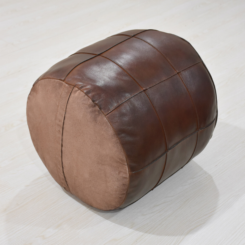 Solid Handmade Goat Leather Round Pouf (Recycled Cotton Fill) - 18x18x18 Brown4