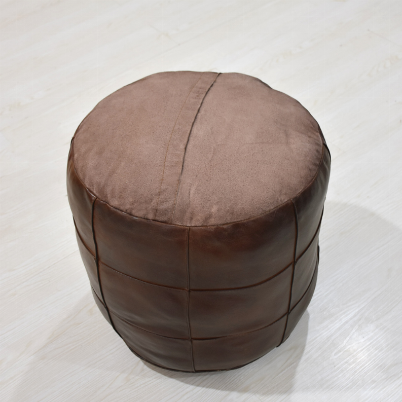Solid Handmade Goat Leather Round Pouf (Recycled Cotton Fill) - 18x18x18 Brown4