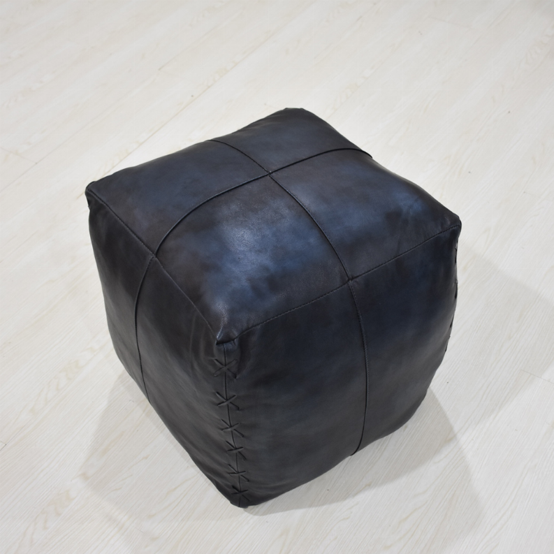 Solid Handmade Goat Leather Square Pouf (Recycled Cotton Fill) - 18x18x18 Blue2
