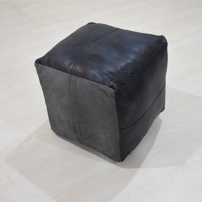 Solid Handmade Goat Leather Square Pouf (Recycled Cotton Fill) - 18x18x18 Blue2