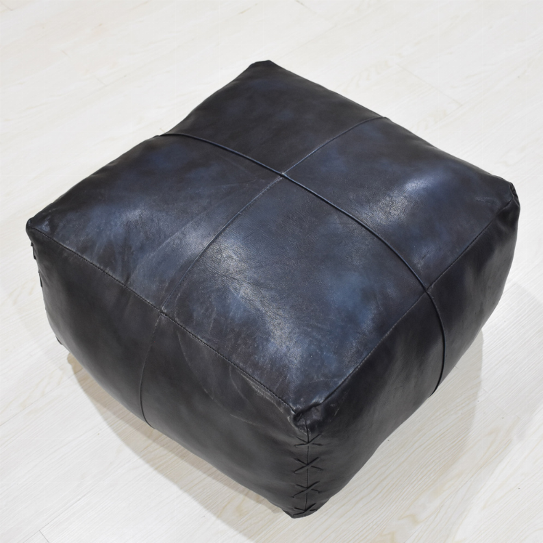 Solid Handmade Goat Leather Square Pouf (Recycled Cotton Fill) - 21x21x12 Blue2