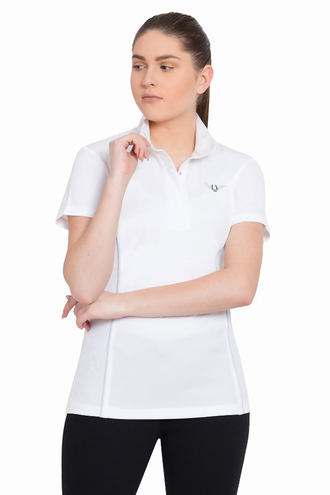 TuffRider Ladies Kirby Kwik Dry Short Sleeve Show Shirt Large White w/Glacier Blue