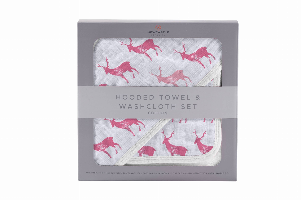 Hooded Towel and Washcloth Set Pink/Deer 