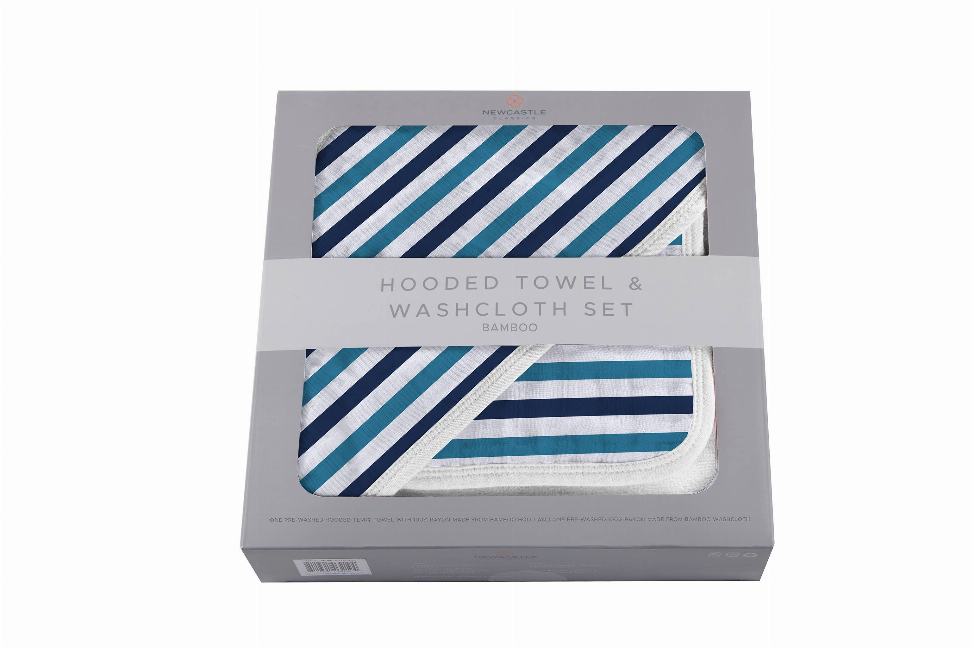 Hooded Towel and Washcloth Set Blue and White Stripe