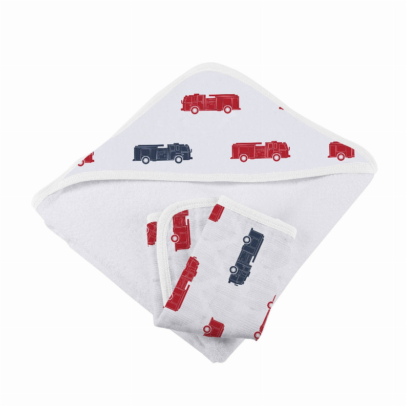 Hooded Towel and Washcloth Set Blue and Red/Fire Trucks 