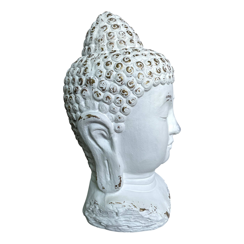 Distressed White Buddha Head Garden Statue
