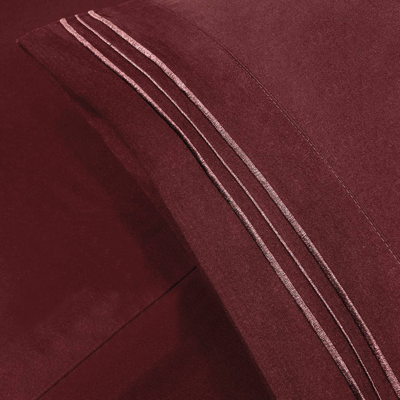 Embroidery Soft Sheet Set Wrinkle Resistant Queen Burgundy Red 