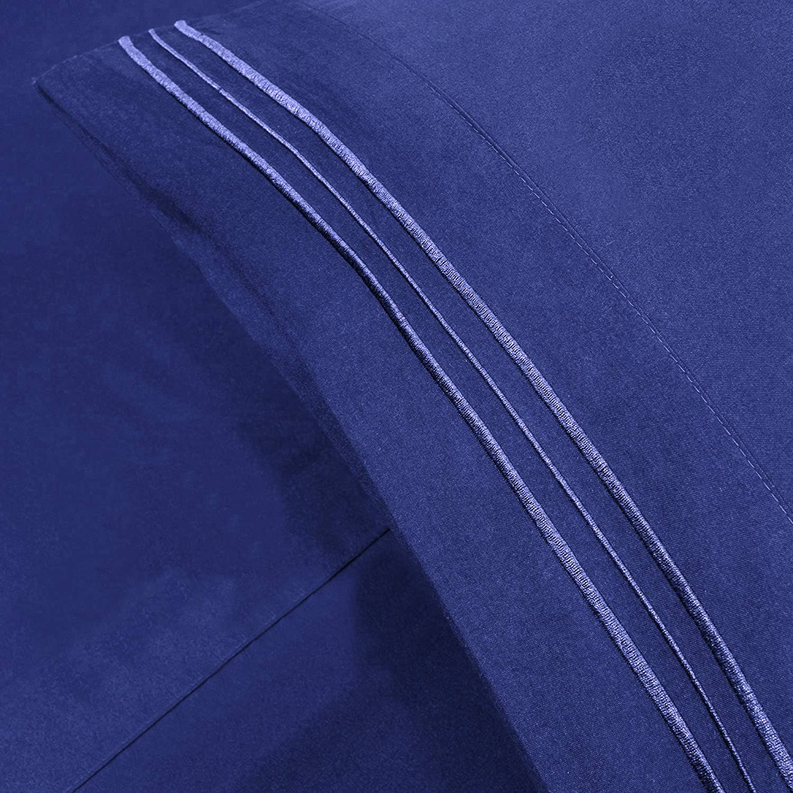 Embroidery Soft Sheet Set Wrinkle Resistant Twin Dark Blue 