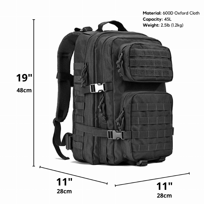 Tactical Military 45L Molle Rucksack Backpack - Black