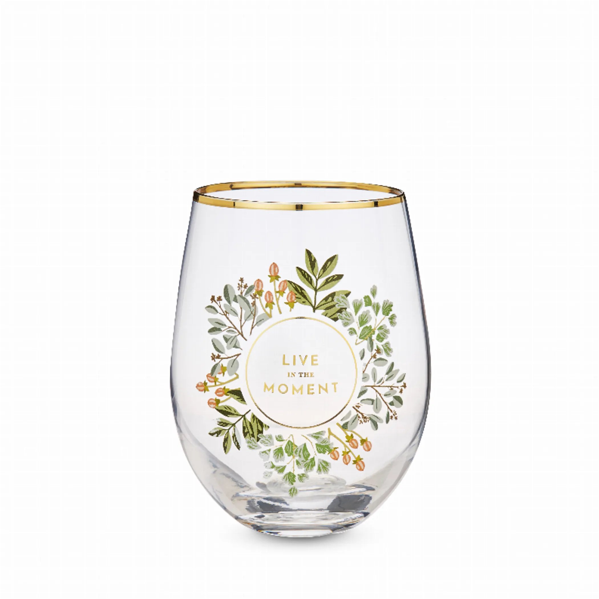 New Cute Flora Gold Live in the Moment Stemless Wine Glass by