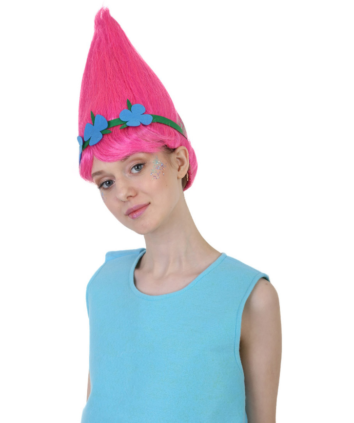 Princess Troll Pink Wig with Green and Blue Felt Flower Crown